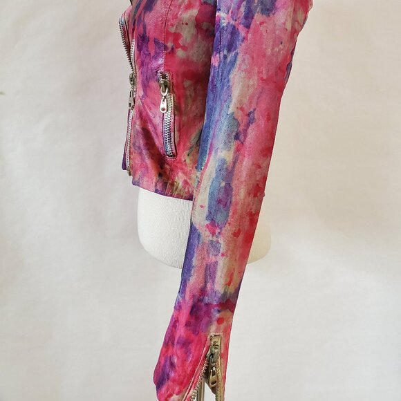 Leather Motorcycle biker Jacket graffiti painted pink purple red blue XS 0 2 4 6 - Picture 8 of 11